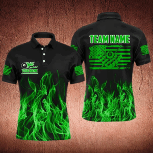 3D Green Flaming American Flag Men Billiard Shirt Custom Patriotic Pool Player Billiard Jersey TDM3452