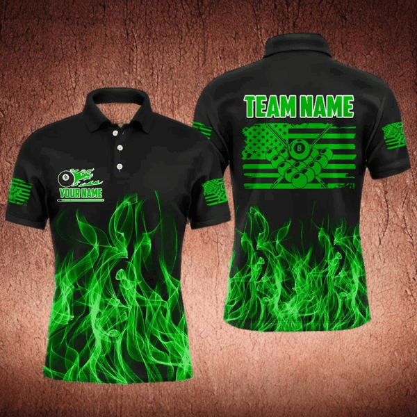 3D Green Flaming American Flag Men Billiard Shirt Custom Patriotic Pool Player Billiard Jersey TDM3452