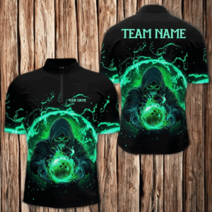 Black and Green Flame Skull Bowling Polo, Quarter Zip Shirt For Men Custom Skull Bowling Team Jerseys NQS9424
