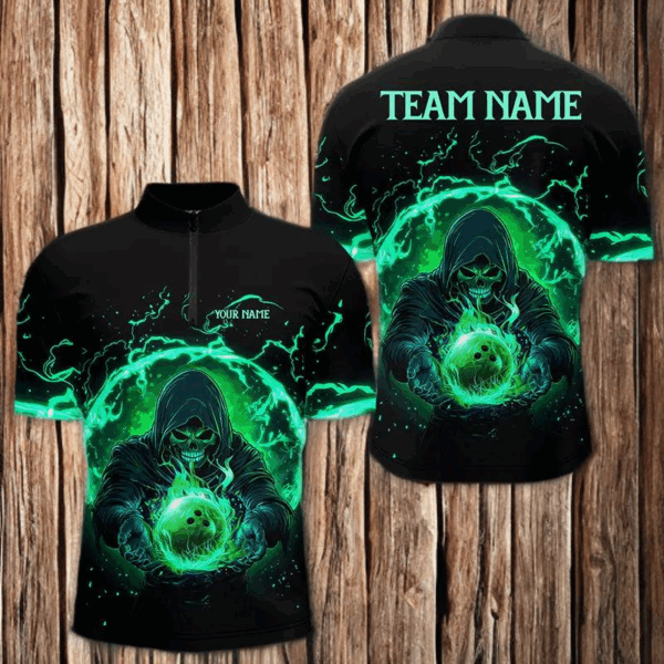 Black and Green Flame Skull Bowling Polo, Quarter Zip Shirt For Men Custom Skull Bowling Team Jerseys NQS9424
