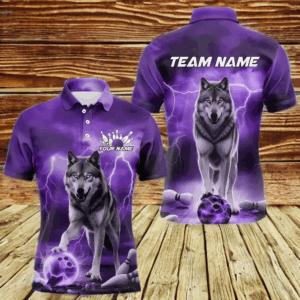 Purple Thunder Lightning Custom Wolf Bowling Polo Shirts For Men, Wolf Bowling Team Shirt IPHW8426