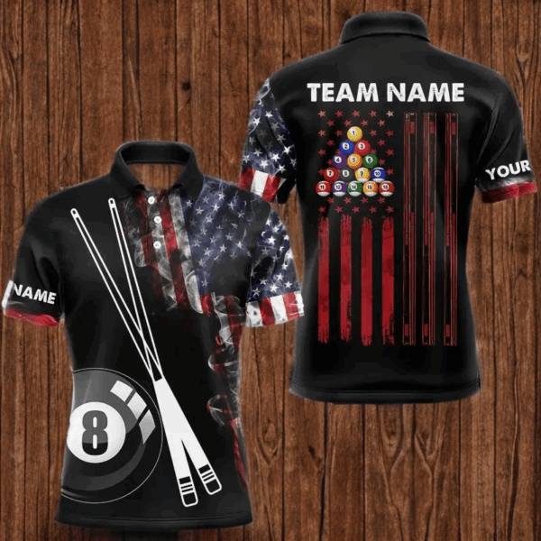 American Flag Smoke 8 Ball Pool Billiard Shirt For Men Custom Patriotic Billiard Team Jersey TDM3449