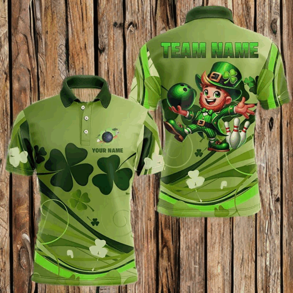 Green shamrock Lucky Men Bowling Polo, Quarter Zip Shirts Custom St Patrick Day Team bowling Shirts NQS9328