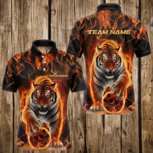 Custom Flame Tiger Bowling Team Polo Shirts For Men, Fire Bowling Jerseys Bowlers Outfit IPHW8261