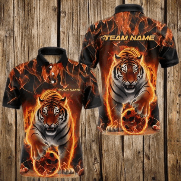 Custom Flame Tiger Bowling Team Polo Shirts For Men, Fire Bowling Jerseys Bowlers Outfit IPHW8261
