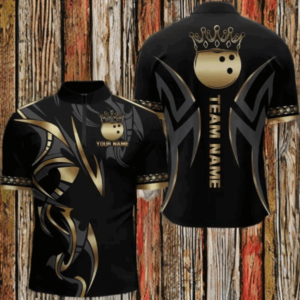 Black and Gold crown Bowling ball Polo, Quarter Zip Shirts for Men Custom Bowling Team jerseys NQS9287