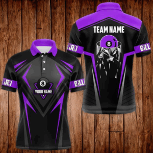 Black And Purple 8 Ball Pool Billiard Jerseys For Men Custom Polo & Quarter Zip Billiard Team Shirt TDM3437