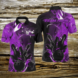 Black And Purple Custom Flame Bowling Polo Shirts For Men, Fire Bowling Team Shirt IPHW8238