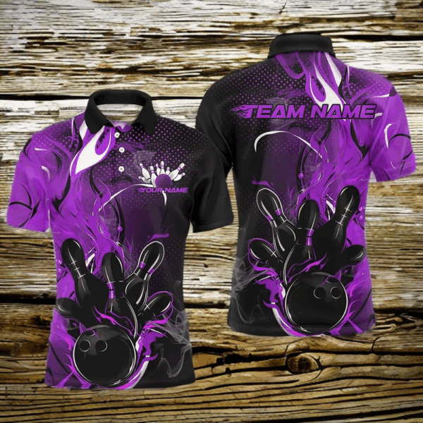 Black And Purple Custom Flame Bowling Polo Shirts For Men, Fire Bowling Team Shirt IPHW8238