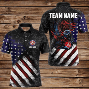Retro American Flag Eagle Bowling Polo, Quarter Zip Shirt for Men Custom Patriotic Bowling Team Jersey NQS9162