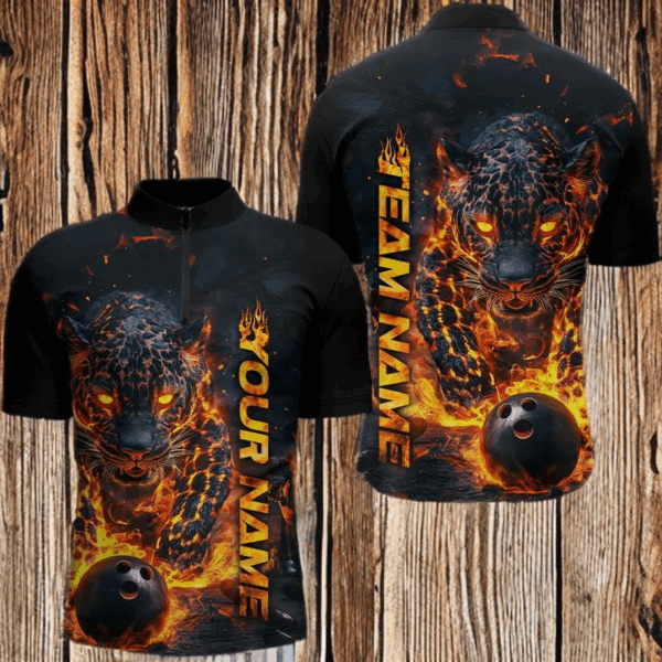 Custom Flaming Leopard Bowling Shirts For Men, Fire Bowling Team Shirt Bowler Uniform IPHW7999