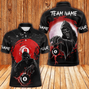 Black And Red Grunge Death Skeleton 8 Ball Billiard Shirt For Men Custom Cool Billiard Team Jersey TDM3433