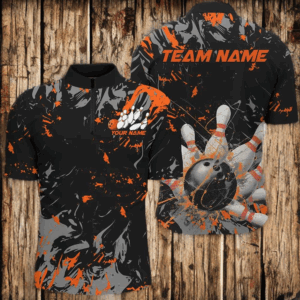 Black And Orange Splatter Bowling Shirts For Men, Bowling Team Uniform Bowler Outfit IPHW7984