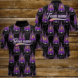 Black Bowling Ball Camo Purple Flame Bowling Polo, 1/4 Zip Shirt for Men Custom Bowling Team Jersey NQS8939