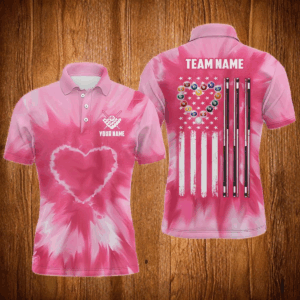 Personalized Pink Tie Dye Heart US Flag Men Billiard Shirts, Billiard Valentines Day Shirt Gifts TDM3430