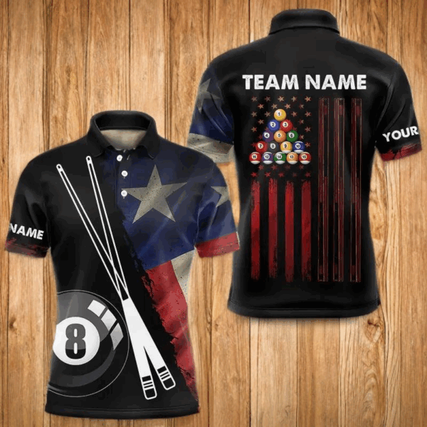 Retro Grunge Texas Flag 8 Ball Pool Billiard Shirt For Men Custom Patriotic Billiard Team Jersey TDM3429
