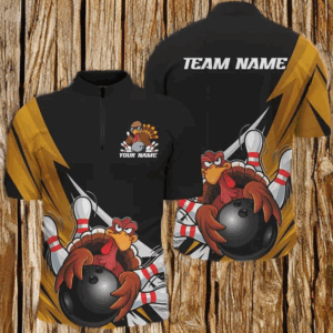 Black And Yellow Custom Funny Turkey Bowling Team Shirts For Men, Thanksgiving Bowling Outfit IPHW7876