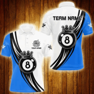 Personalized Black White 8 Ball Pool Crown Men Billiard Shirts, Billiard 8 Ball Team Jerseys |Blue TDM3422