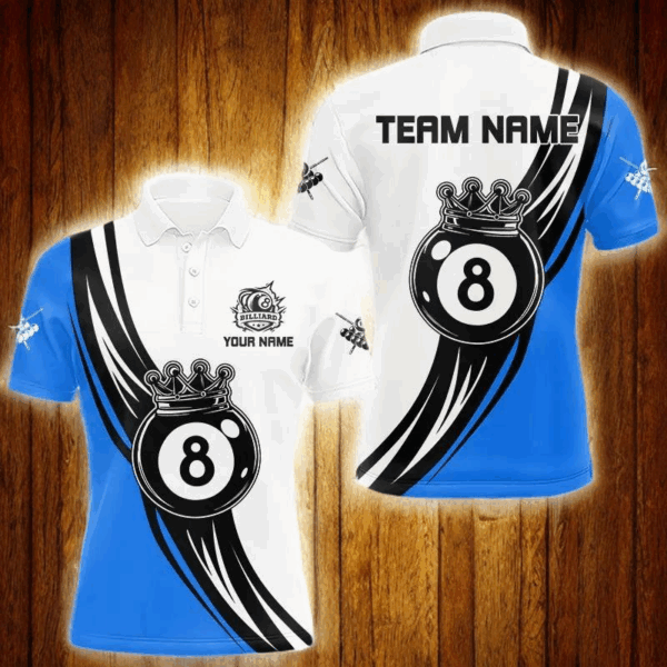 Personalized Black White 8 Ball Pool Crown Men Billiard Shirts, Billiard 8 Ball Team Jerseys |Blue TDM3422