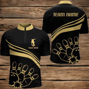 Black&Gold Bowling Quarter-Zip Shirt Men Custom Bowling Jersey Vintage Bowling Team League Shirt BDT116