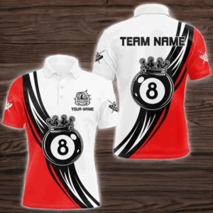 Personalized Black White 8 Ball Pool Crown Men Billiard Shirts, Billiard 8 Ball Team Jerseys |Red TDM3421