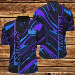 Blue And Purple Custom Strike Bowling Shirts For Men, Striking Bowling Team Uniform IPHW7682