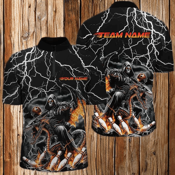 Black Thunder Lightning Grim Reaper Riding Dragon Custom Bowling Shirts For Men Bowling Outfits IPHW7654