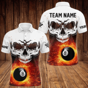 Personalized 3D 8 Ball Pool Fire Skull Billiard Shirts For Men Team League Billiard Jerseys |Orange TDM3406