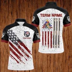 Black White Grunge American Flag Custom Billiard Shirts For Men, Patriotic Team Player Pool Jerseys TDM3405