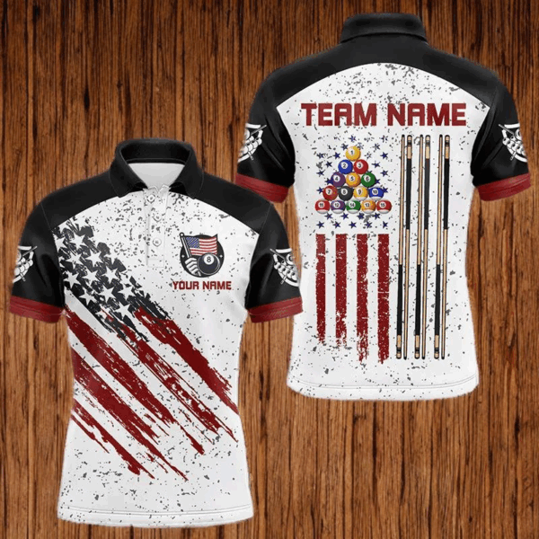Black White Grunge American Flag Custom Billiard Shirts For Men, Patriotic Team Player Pool Jerseys TDM3405