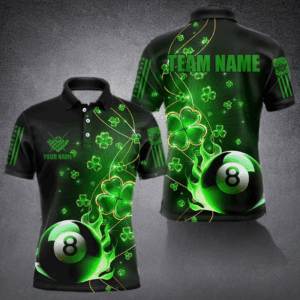 Green 8 Ball Pool Fire Luckiest Shamrock Men Billiard Shirt Custom St Patrick Day Billiard Jerseys TDM3389