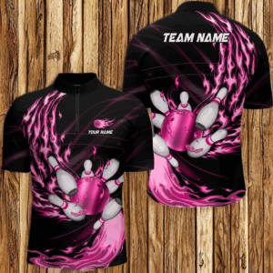 Black Mens bowling shirts Custom Pink flame Bowling ball and pins Team league bowler Jerseys NQS8483