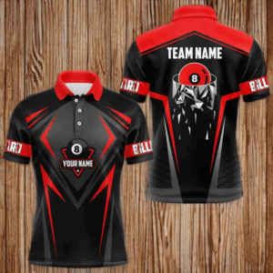 Black And Red 8 Ball Pool Billiard Jerseys For Men Custom Polo & Quarter Zip Billiard Team Shirts TDM3387