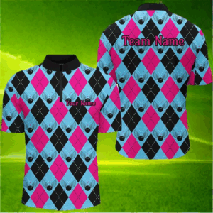 Blue And Pink Argyle Pattern Custom Bowling Shirts For Men, Personalized Bowling Team Shirt IPHW7306