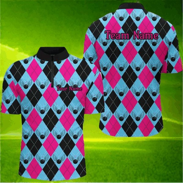 Blue And Pink Argyle Pattern Custom Bowling Shirts For Men, Personalized Bowling Team Shirt IPHW7306