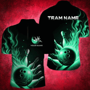 Personalized Green Flame Bowling Polo Shirts For Men Bowling Team Jerseys Strike Bowling IPHW7289