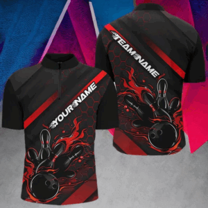 Custom Black And Red Flame Bowling Shirts For Men, Bowling Team Bowling League Shirts IPHW7210