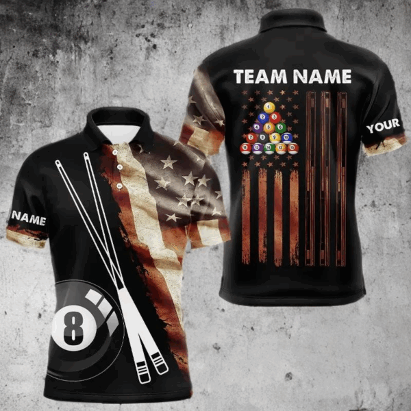 Retro Grunge American Flag 8 Ball Pool Billiard Shirt For Men Custom Patriotic Billiard Team Jersey TDM3372