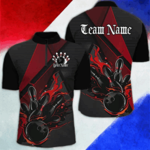 Custom Black And Red Flame Bowling Shirts For Men, Bowling Team Jerseys For Bowlers IPHW7203