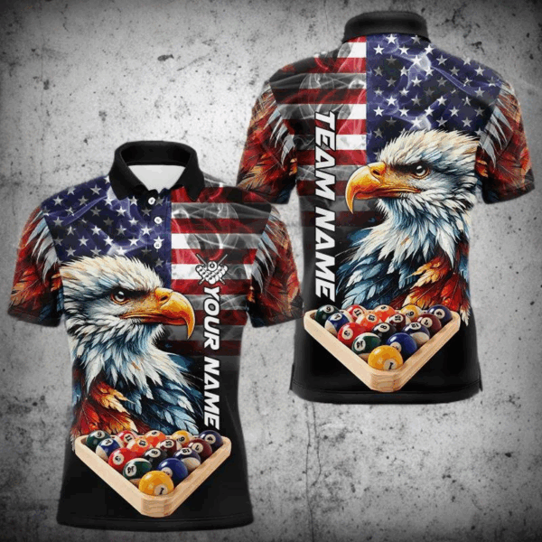 Personalized Watercolor Eagle American Flag Smoke Men Billiard Shirt, 8 Ball Rack Billiard Jerseys TDM3365