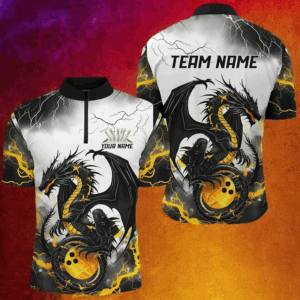 Black And Gold Thunder Lightning Custom Dragon Bowling Shirts For Men, Bowling League Shirts IPHW7061