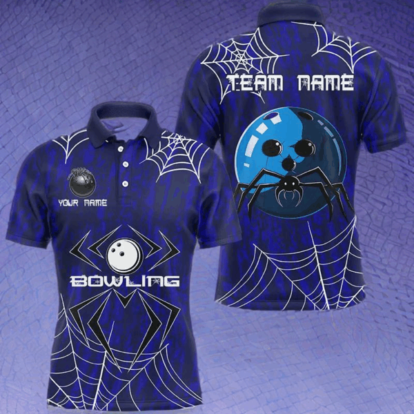 Blue Camo Bowling Polo, 1/4 Quarter zip shirts Custom Spider web Halloween Men Team Bowling jerseys NQS8158