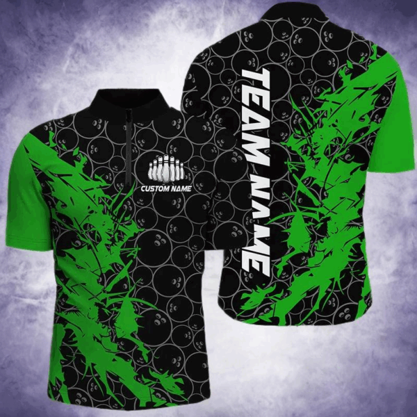 Black And Green Customized Bowling Shirts For Men, Custom Bowling Jerseys Team Bowling Shirts IPHW6983