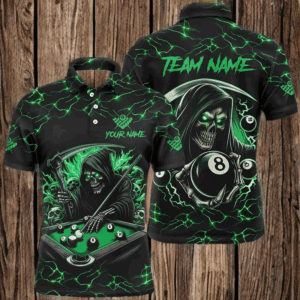 Green Funny Death Skeleton 8 Ball Pool Men Billiard Shirts Custom Name Lightning Billiard Jerseys TDM2827