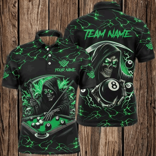 Green Funny Death Skeleton 8 Ball Pool Men Billiard Shirts Custom Name Lightning Billiard Jerseys TDM2827
