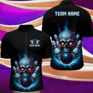 Custom Blue Flame Bowling Team Shirts, Halloween Skull Bowling Quarter Zip Shirt For Men IPHW6863