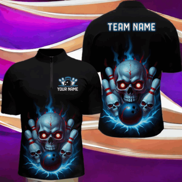 Custom Blue Flame Bowling Team Shirts, Halloween Skull Bowling Quarter Zip Shirt For Men IPHW6863