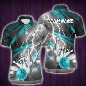 Blue Lightning Strike Custom Bowling Polo Shirts For Men, Team Bowling Shirts Bowler Outfit IPHW6853