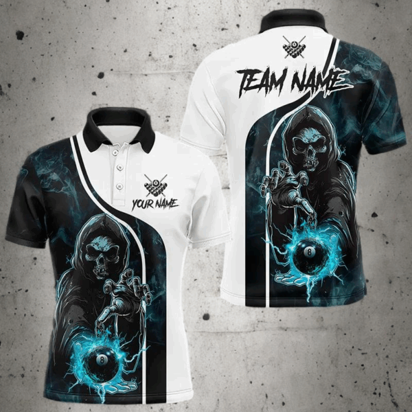 Blue Cyan Death Skeleton 3D Billiard Shirts For Men Custom Lightning 8 Ball Pool Billiard Jerseys TDM3347