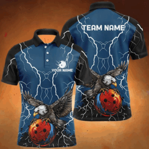 Men's bowling Polo, Quarter Zip shirts Custom Eagle bowling lightning storm team league jerseys | Blue NQS7893